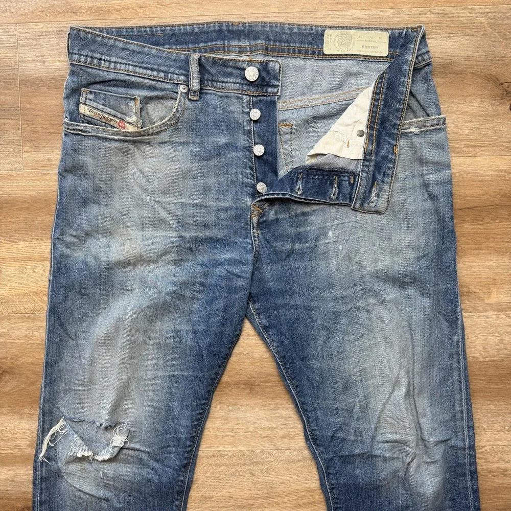Diesel Buster Jeans‎ Men 33x32 Blue Slim Tapered Stretch Dirty Wash Ripped 082AZ
